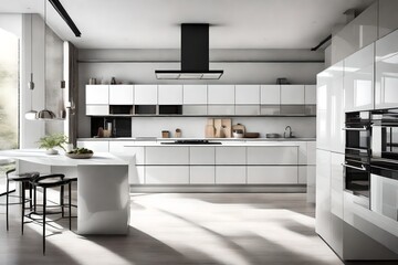 Minimalist kitchen with a monochromatic color scheme, high-gloss cabinets, and a clean design.