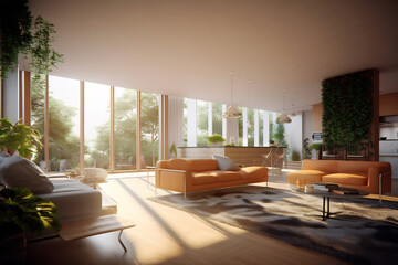 Modern minimalism style drawing-room interior with big windows and lot of light
