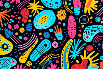 Pop art style quirky doodle pattern, wallpaper, background, cartoon, vector, whimsical Illustration