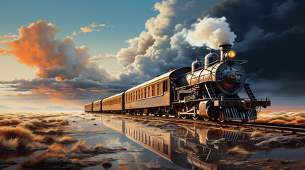 A majestic steam locomotive chugs along a scenic railway track, billowing clouds of steam and leaving a trail of nostalgic charm in its wake - obrazy, fototapety, plakaty