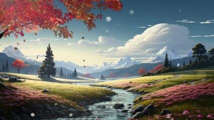 Change of seasons from summer to winter, cartoon or anime illustration style video background