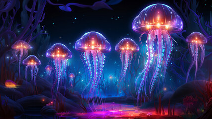Fototapeta na wymiar Glowing jellyfish hunt for food on the bottom of the sea. Sea animals concept. AI generated.