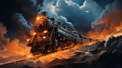 Poster Vintage steam train on the railroad at sunset © SITI