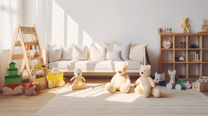 Interior of children's room with toys on wooden floor and sofa