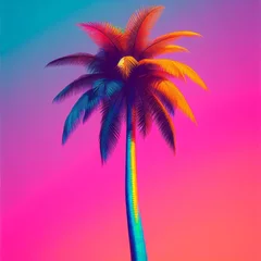 Zelfklevend Fotobehang duotone palm tree in bright bold gradient holographic colors © Elena