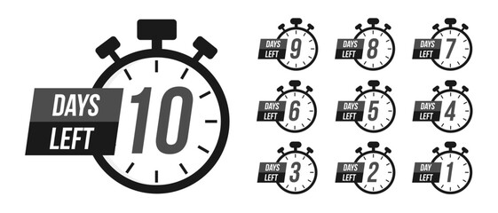 Number of days left to sign for sale or promotion. Countdown timer. Stopwatches set. Timer, clock vector illustrations set