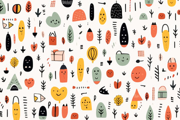 Minimalist icons quirky doodle pattern, wallpaper, background, cartoon, vector, whimsical Illustration