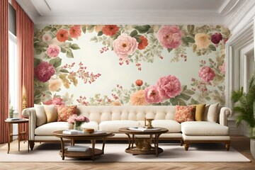 living room that features walls adorned with a delightful floral theme