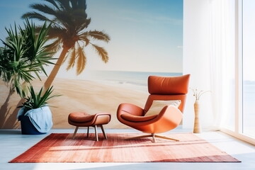 Fototapeta na wymiar Modern living room in a beach house with chair and sea view