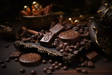 Rich cocoa chocolate adorned with decorative elements. Generative AI