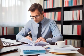 an Accountant man studying annual reports in the office