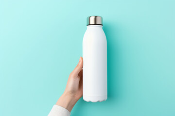 A hand holding a reusable steel stainless eco thermo water bottle on a blue background. This image can be used for a variety of purposes, such as product photography, marketing, and advertising. - obrazy, fototapety, plakaty