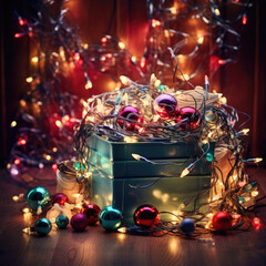 A box full of tangled and colorful fairy lights and other christmas ornaments and decorations - obrazy, fototapety, plakaty