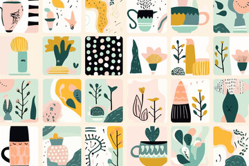 Neutral color palettes quirky doodle pattern, wallpaper, background, cartoon, vector, whimsical Illustration - obrazy, fototapety, plakaty