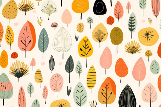 Neutral color palettes quirky doodle pattern, wallpaper, background, cartoon, vector, whimsical Illustration
