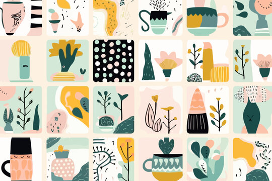 Neutral color palettes quirky doodle pattern, wallpaper, background, cartoon, vector, whimsical Illustration