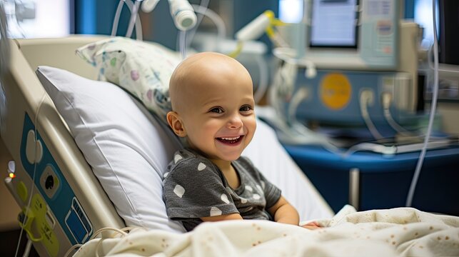 Bald boy with cancer smiling in hospital