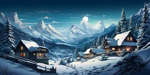 European Alps Winter Wonderland, Festive Christmas Village in Digital Art Illustration