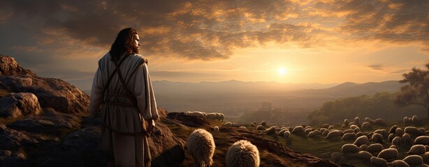 Jesus shepherd with flock - obrazy, fototapety, plakaty