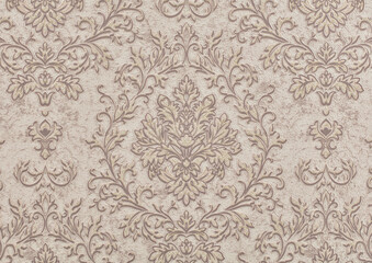 Background of paper texture beige wallpaper with a geometric retro pattern of curlicues and leaves.. - obrazy, fototapety, plakaty