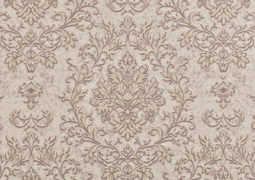 Background of paper texture beige wallpaper with a geometric retro pattern of curlicues and leaves..