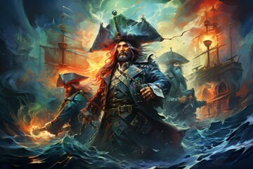 Fototapeta premium Daring pirate captains sailing enchanted seas - Generative AI