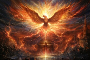 Ancient phoenixes rising from ashes with renewed life - Generative AI