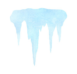 Watercolor blue icicle isolated on a white background, hand-drawn. Winter element for the holiday, design and decoration. Water frozen in the cold is ice. The texture of watercolor on paper. - obrazy, fototapety, plakaty