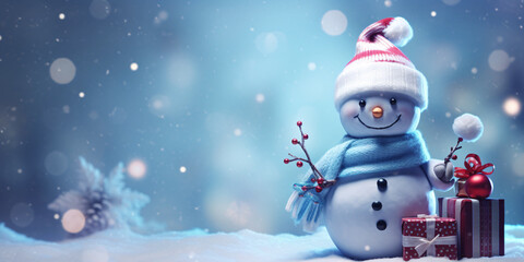 Snowman and Christmas presents in a beautiful snowy Christmas card. digital AI