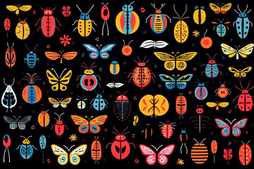Bugs quirky doodle pattern, wallpaper, background, cartoon, vector, whimsical Illustration - obrazy, fototapety, plakaty