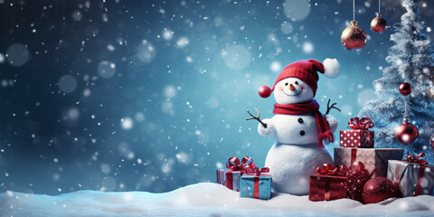 Blue Christmas card with snowman holding lots of presents. copy space. Generative Ai
