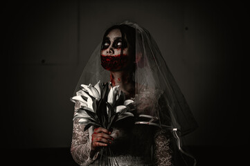 Halloween festival concept,Asian woman makeup ghost face,Bride zombie charactor,Horror movie...