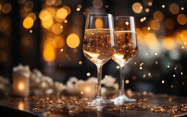Two glasses of champagne over blur spots lights background. Celebration concept, free space for text generated with ia - obrazy, fototapety, plakaty
