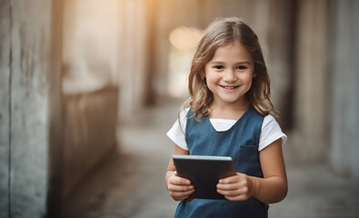 A girl of 5-6 years old holding tablet computer in her hands - Generative AI