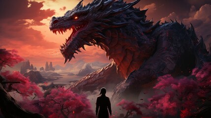 As sun sets on outdoor canvas, an anime-inspired woman stands boldly before majestic dragon, their fierce spirits united against the vibrant sky and swirling clouds in breathtaking masterpiece of art