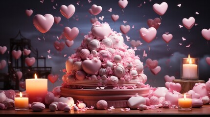 A flickering flame dances upon a pastel confection, casting a warm glow in the cozy confines of an indoor celebration adorned with delicate pink hearts