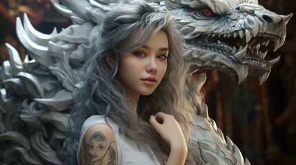 A fierce woman, draped in flowing garments, stands proudly before a magnificent dragon statue, her long hair billowing in the wind as she commands the attention of all who behold her