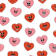 Seamless pattern of groovy hippie hearts. Cartoon characters in trendy retro style on white background