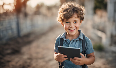 A boy of 5-6 years old holding tablet computer in his hands - Generative AI - obrazy, fototapety, plakaty