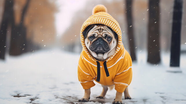 Cute pug in a jacket and hood walks in a winter park
