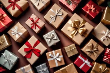 Winter Holidays Concept, Christmas Gifts Wrapped in Craft Paper with Red and Golden Ribbon, Top View. Overhead view of many Christmas presents wrapped with craft paper on paper surface