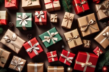 Winter Holidays Concept, Christmas Gifts Wrapped in Craft Paper with Red and Golden Ribbon, Top View. Overhead view of many Christmas presents wrapped with craft paper on paper surface