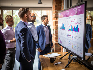 group of businesspeople stand at a digital whiteboard with chart with horizontal bars, planning a technology project Generative AI	
