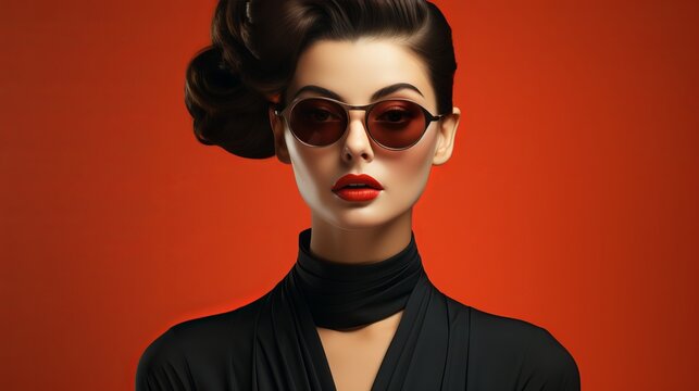 A daring woman with bold red lips and stylish sunglasses poses against a black wall, exuding confidence and fashion-forward energy with her choice of eyewear and lipstick