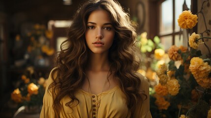 A fashion-forward woman adorned in yellow, her long curly hair cascading like wild roses, exudes an air of confidence and grace in an indoor portrait