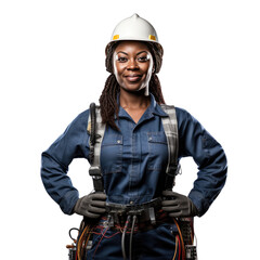 Black female electrician standing up, body view, smiling