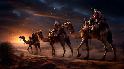 los tres reyes magos en sus camellos saliendo del oriente, la noche mágica. Generado con IA - obrazy, fototapety, plakaty
