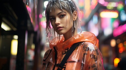 Obraz premium A vibrant girl stands out on the busy street in her orange raincoat, embodying a sense of freedom and adventure in the midst of the chaotic outdoor world