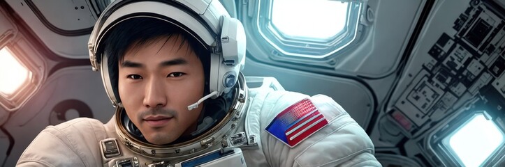 Portrait of Asian man in space suit, astronaut floating inside the Space Station, surrounded high-tech equipment and instruments. Cosmonaut in space suit work on space station. Space research. Banner