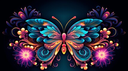 Fototapeta na wymiar butterfly surrounding flower colorful motifs 2d vector.Generative AI
